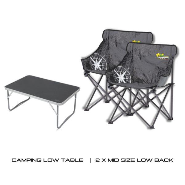 2 x MID SIZE LOW BACK CAMP CHAIR + Camping Low Table